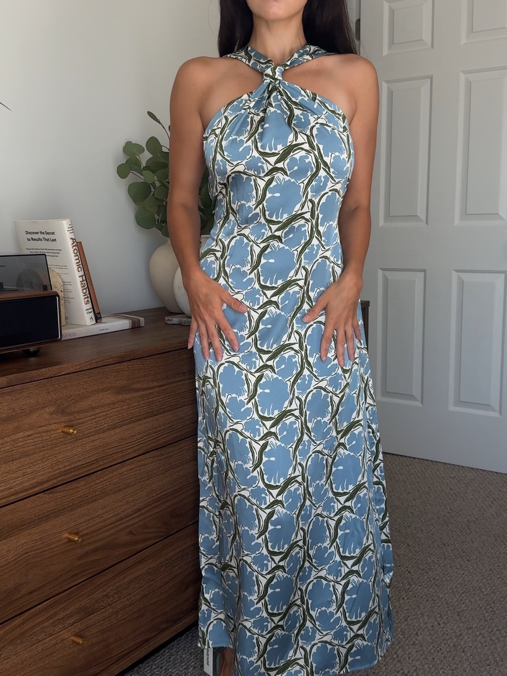 Commense Blue and Green Floral Twist-Halter Maxi Dress